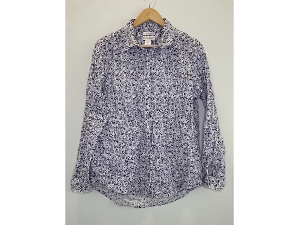 Cynthia Rowley Linen Blouse Large Floral Bloomcore Roll Tab Sleeve Resort Top
